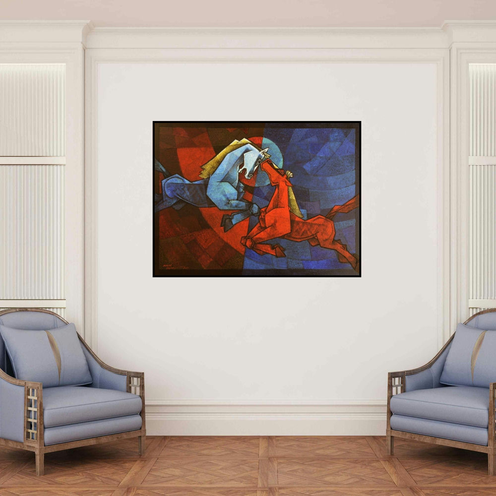 'Waltzing Horses 1' painting by Dinkar Jadhav shown on a wall in a furnished room.
