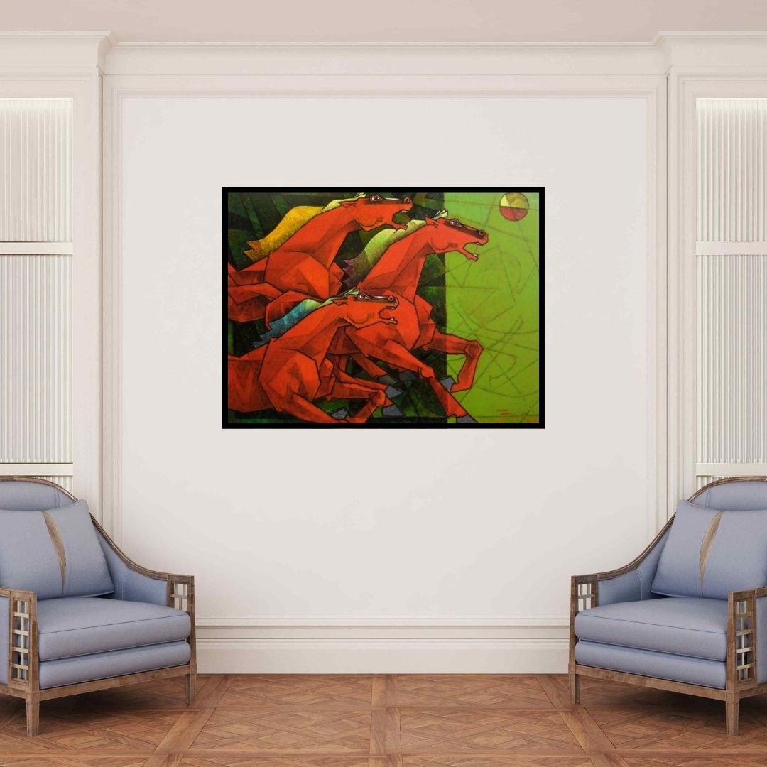 In-situ view of Dinkar Jadhav's 'Waltzing Horses' painting in a room
