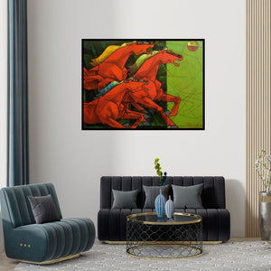 Preview of 'Waltzing Horses' Painting by Dinkar Jadhav shown on a wall in a furnished room.