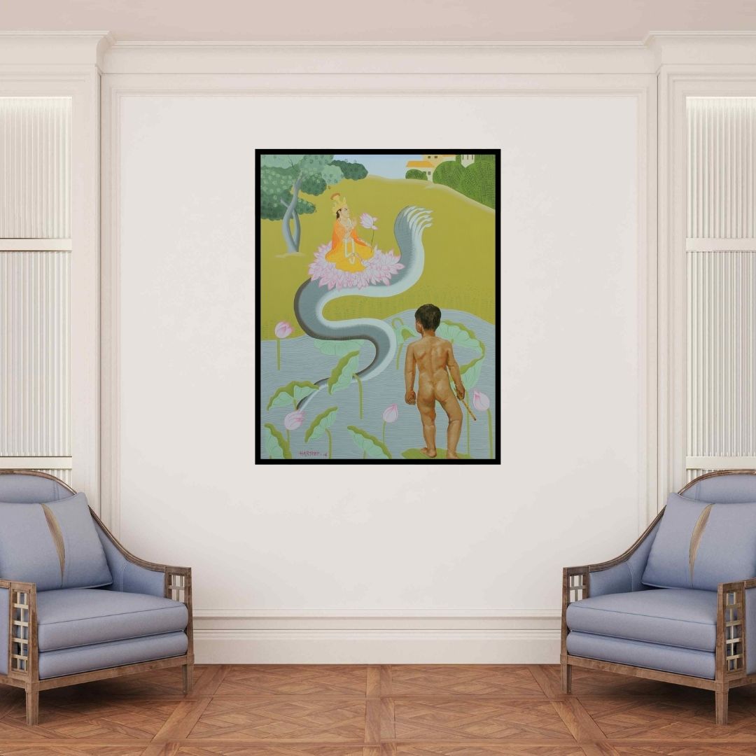 In-situ view of Harshad Khandre's 'Want To (The Serpent's Embrace)' painting in a room