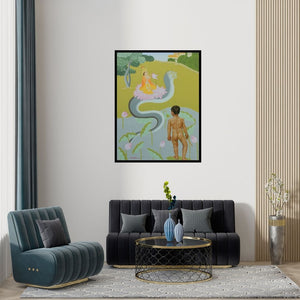 Preview of 'Want To (The Serpent's Embrace)' Painting by Harshad Khandre shown on a wall in a furnished room.