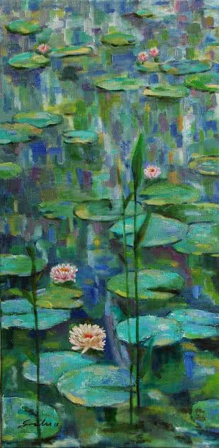 Landscape oil painting titled 'Warer lily 4', 18x36 inches, by artist Sulakshana Dharmadhikari on Canvas