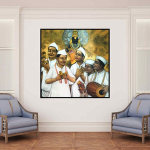 In-situ view of Apet Pramod's 'Warkari (Divine Union in Bhakti)' painting in a room