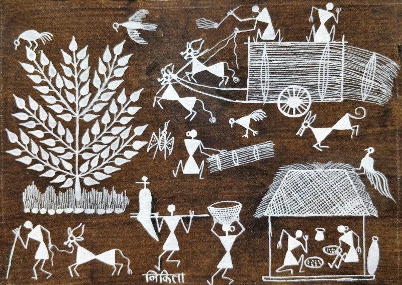 Lifestyle warli traditional art titled 'Warli Art 18', 7x10 inches, by artist Nikita Mundekar on Cloth