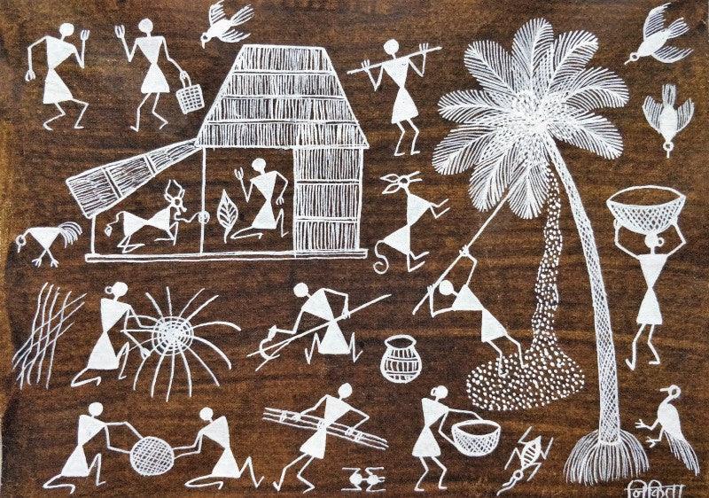 Lifestyle warli traditional art titled 'Warli Art 19', 7x10 inches, by artist Nikita Mundekar on Cloth