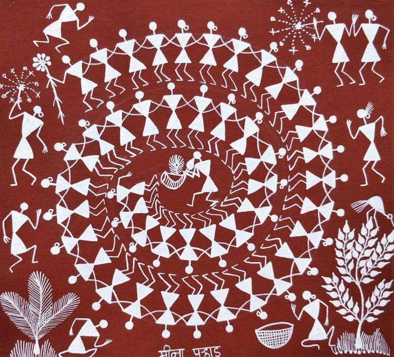 Lifestyle warli traditional art titled 'Warli Art 20', 9x8 inches, by artist Sanjay Parhad on Cloth