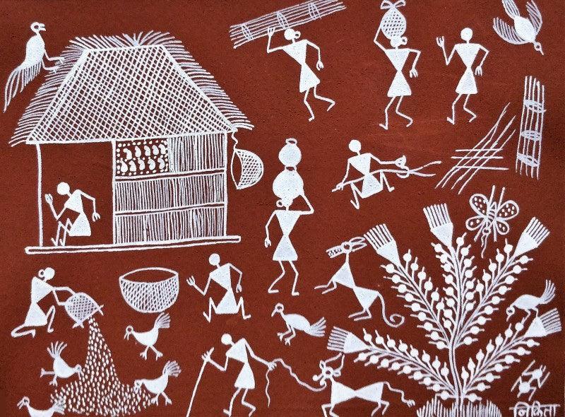 Lifestyle warli traditional art titled 'Warli Art 21', 7x10 inches, by artist Nikita Mundekar on Cloth