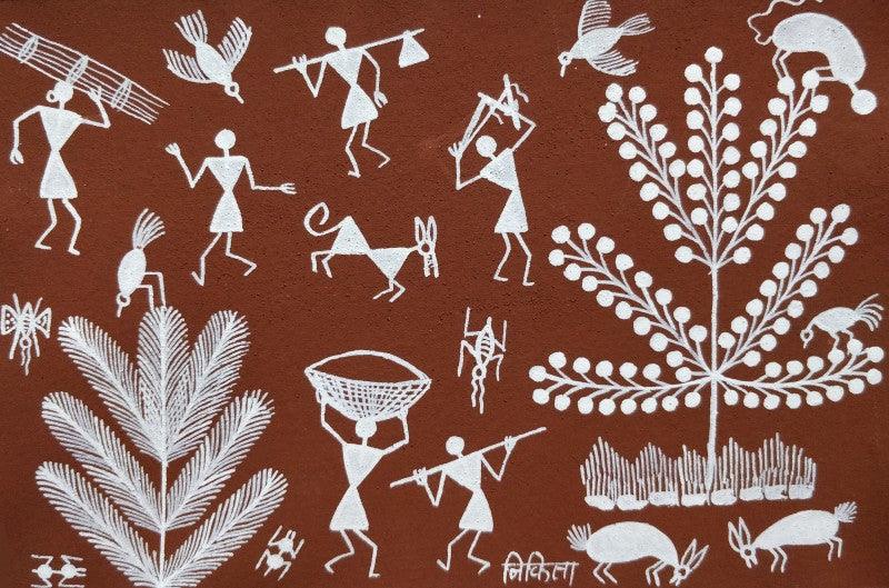 Lifestyle warli traditional art titled 'Warli Art 22', 6x9 inches, by artist Nikita Mundekar on Cloth