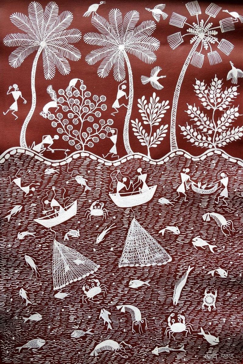 Lifestyle warli traditional art titled 'Warli Art 24', 18x12 inches, by artist Sanjay Parhad on Canvas