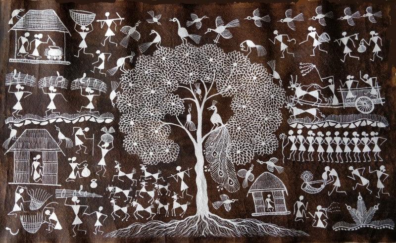 Lifestyle warli traditional art titled 'Warli Art 25', 14x23 inches, by artist Sanjay Parhad on Cloth