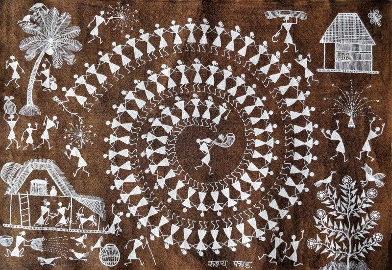 Lifestyle warli traditional art titled 'Warli Art 27', 12x18 inches, by artist Sanjay Parhad on Cloth