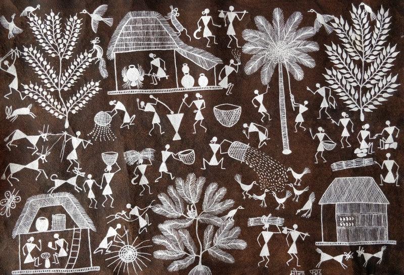 Lifestyle warli traditional art titled 'Warli Art 29', 12x18 inches, by artist Sanjay Parhad on Cloth