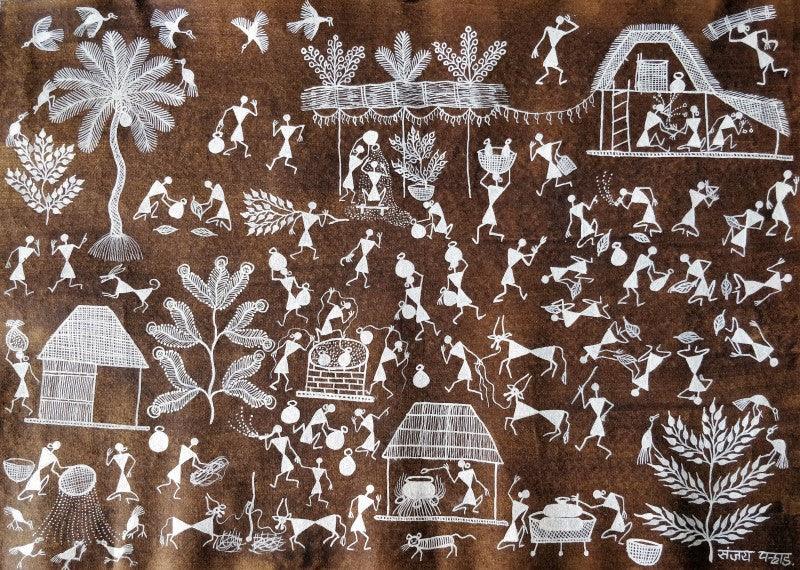 Lifestyle warli traditional art titled 'Warli Art 30', 14x19 inches, by artist Sanjay Parhad on Cloth