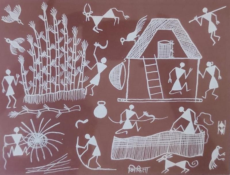 Figurative warli traditional art titled 'Warli Art 31', 7x9 inches, by artist Nikita Mundekar on Cloth