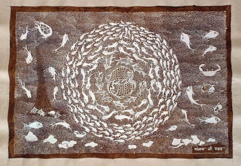 Lifestyle warli traditional art titled 'Warli Art 33', 12x18 inches, by artist Sanjay Parhad on Cloth