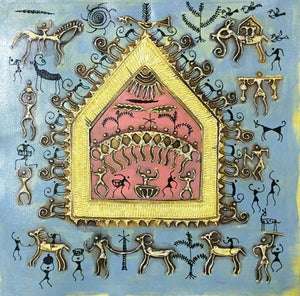Warli Art 5 (Lifes Tapestry) by Pradeep Swain, Original Tribal Folk Art Painting on Canvas, X-Small Square Wall Art