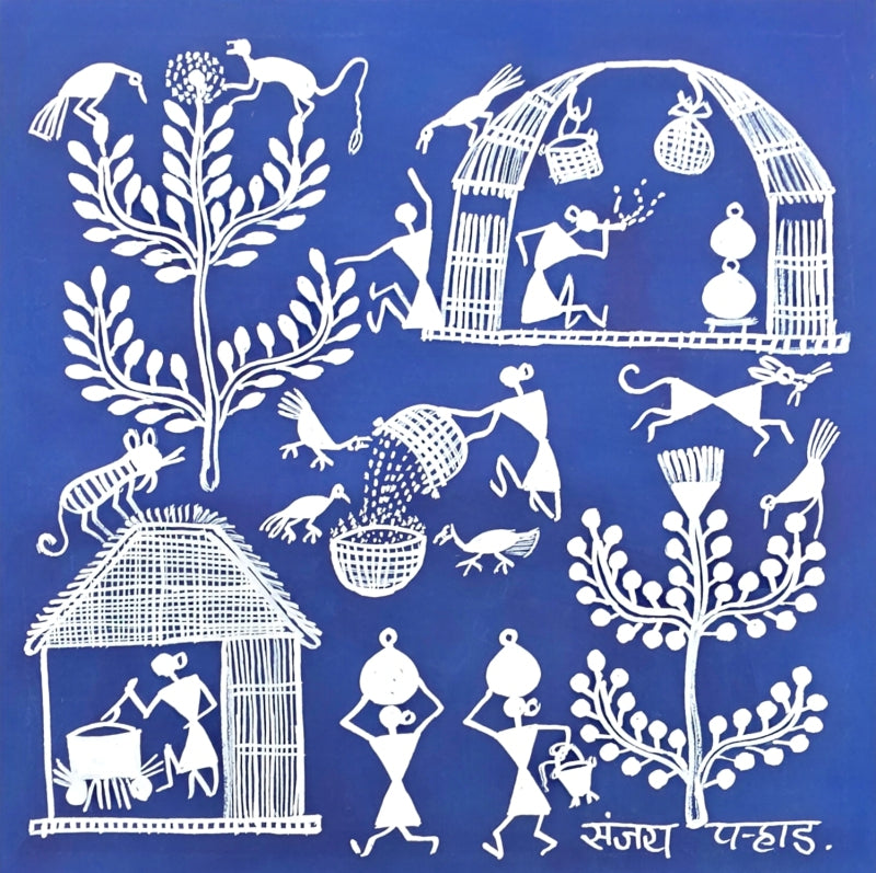 Warli Art 51' figurative warli Traditional Art by artist Sanjay Parhad, 9x9 inch, on cloth
