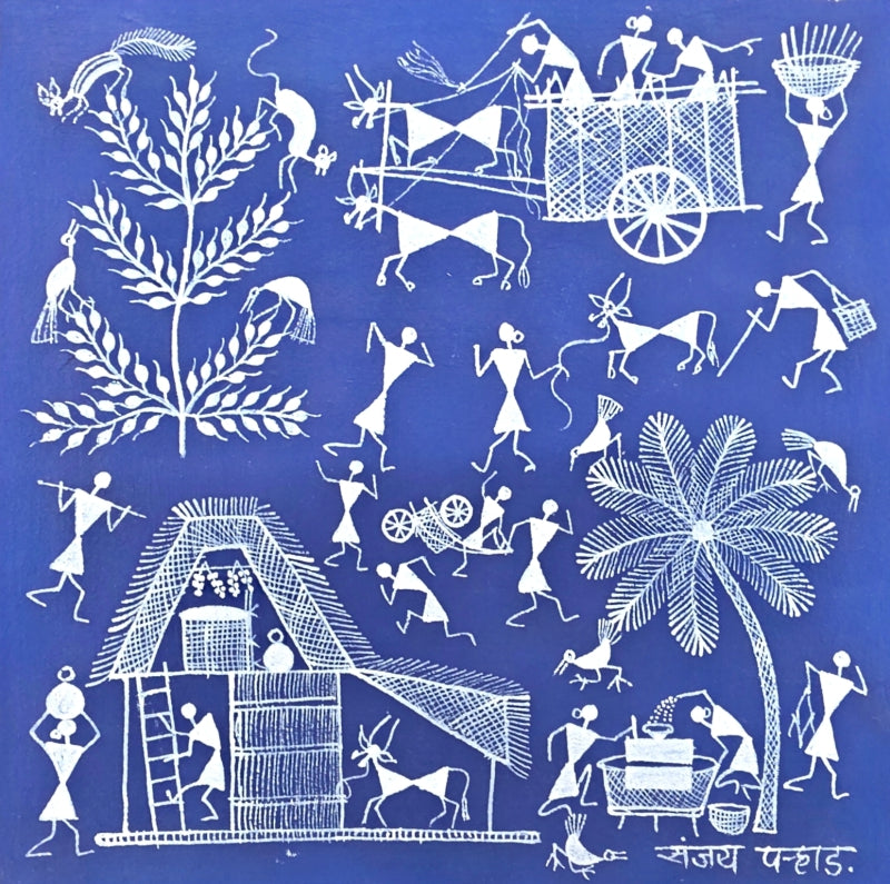 Warli Art 52' figurative warli Traditional Art by artist Sanjay Parhad, 9x9 inch, on cloth