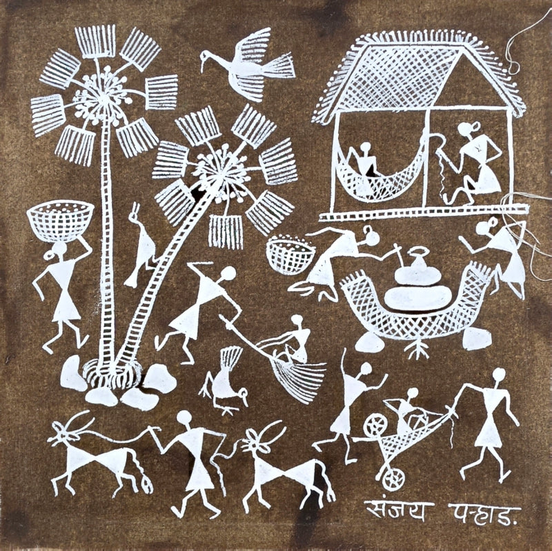 Warli Art 53' figurative warli Traditional Art by artist Sanjay Parhad, 9x9 inch, on cloth