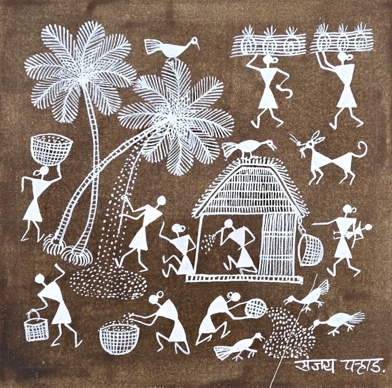 Warli Art 54' figurative warli Traditional Art by artist Sanjay Parhad, 9x9 inch, on cloth
