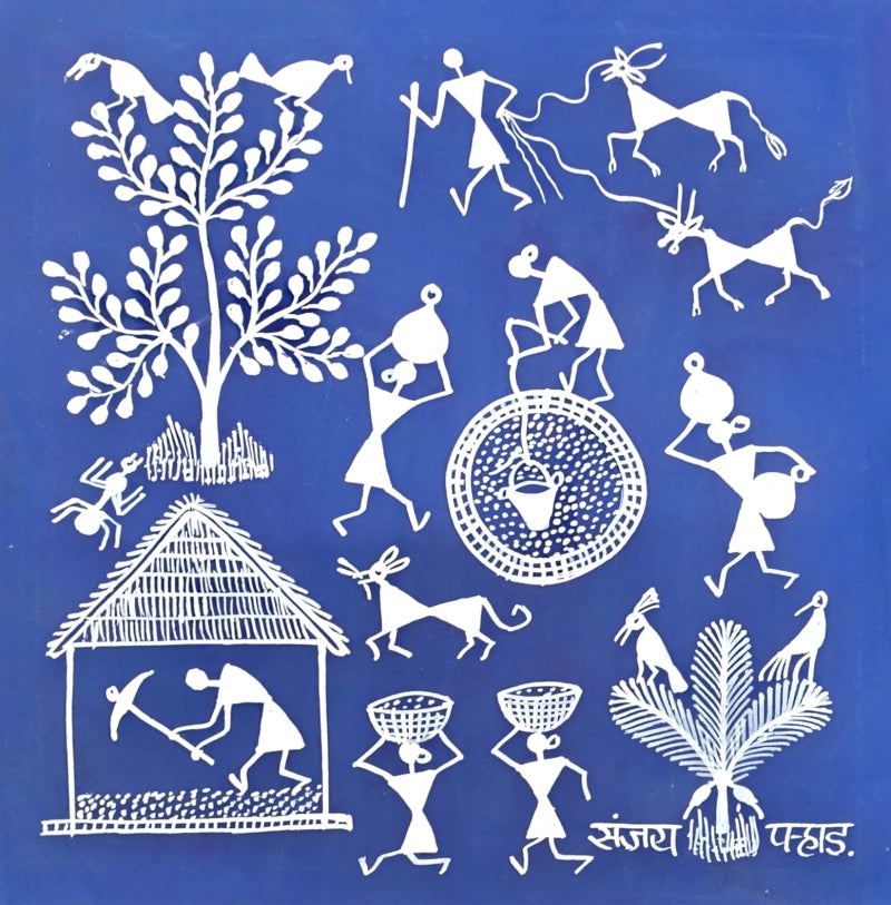 Warli Art 55' figurative warli Traditional Art by artist Sanjay Parhad, 9x9 inch, on cloth