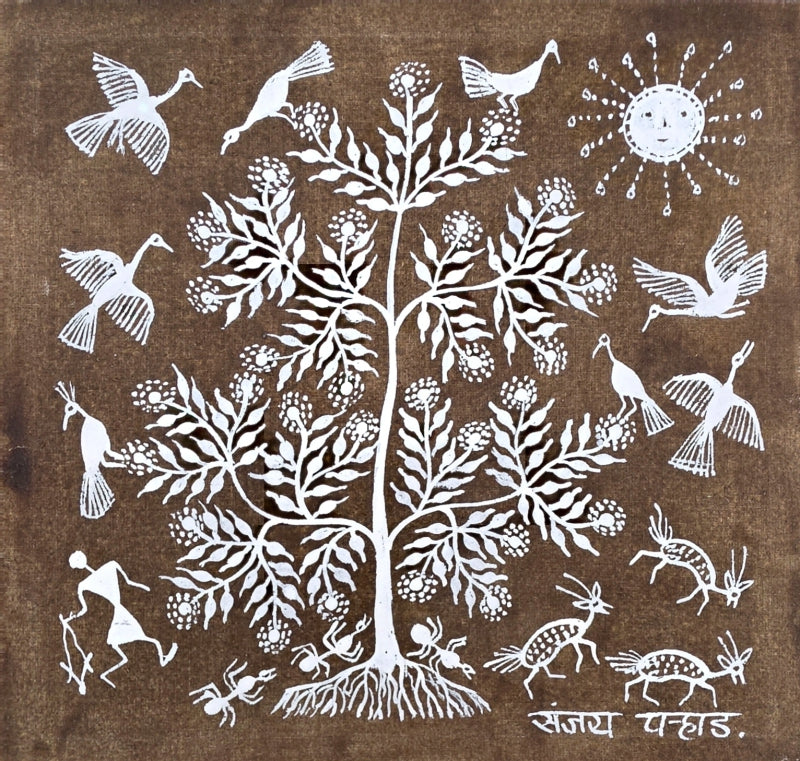 Warli Art 56' figurative warli Traditional Art by artist Sanjay Parhad, 9x9 inch, on cloth