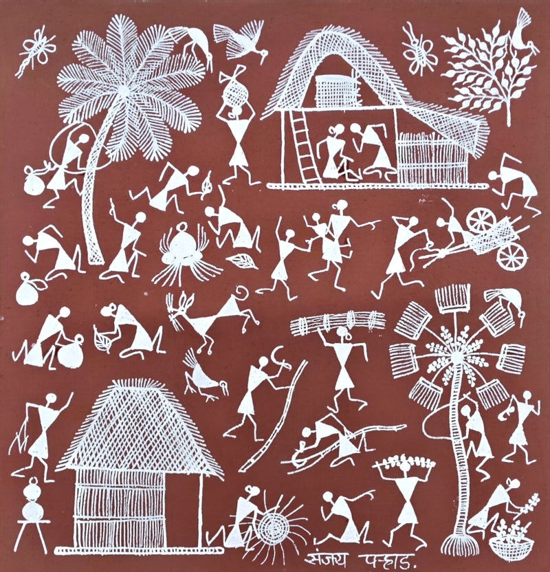 Warli Art 58' figurative warli Traditional Art by artist Sanjay Parhad, 9x9 inch, on cloth