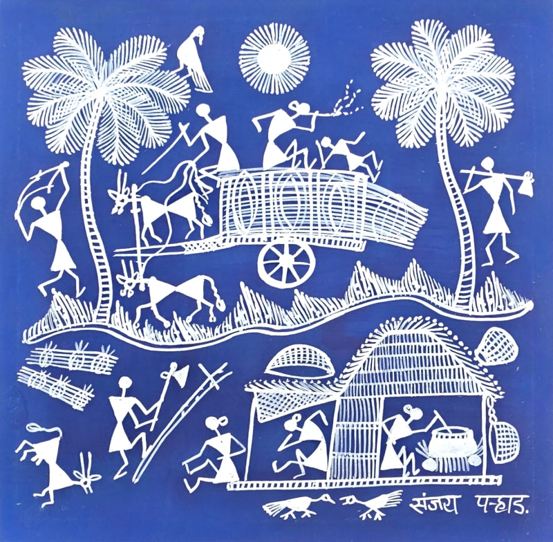 Warli Art 59' figurative warli Traditional Art by artist Sanjay Parhad, 9x9 inch, on cloth