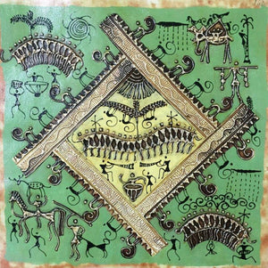 Warli Art 6 (Cosmic Rhythm) by Pradeep Swain, Original Tribal Folk Art Painting on Canvas, X-Small Square Wall Art