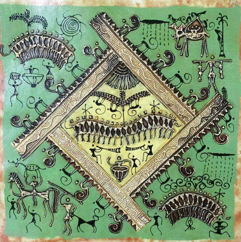Folk Art tribal painting titled 'Warli Art 6', 12x12 inches, by artist Pradeep Swain on Canvas