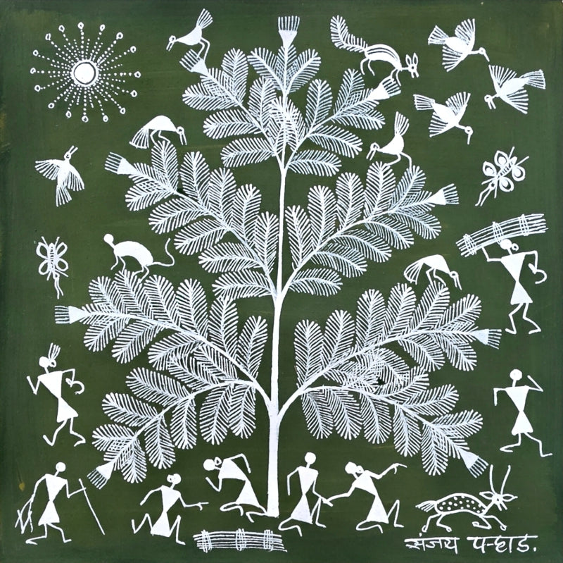 Warli Art 60' figurative warli Traditional Art by artist Sanjay Parhad, 8x8 inch, on cloth