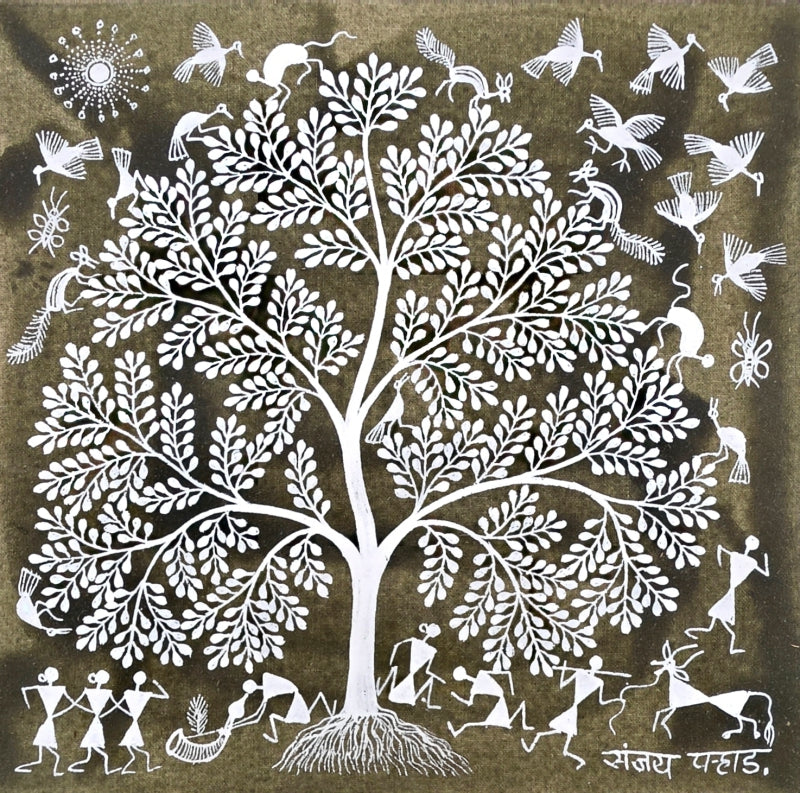 Warli Art 61' figurative warli Traditional Art by artist Sanjay Parhad, 8x8 inch, on cloth
