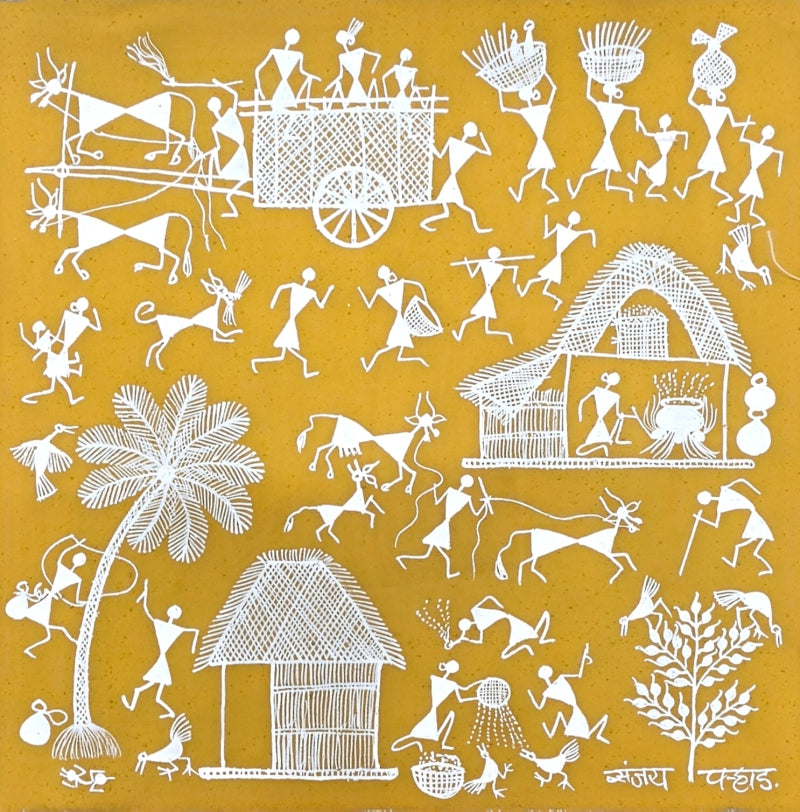 Warli Art 62' figurative warli Traditional Art by artist Sanjay Parhad, 8x8 inch, on cloth