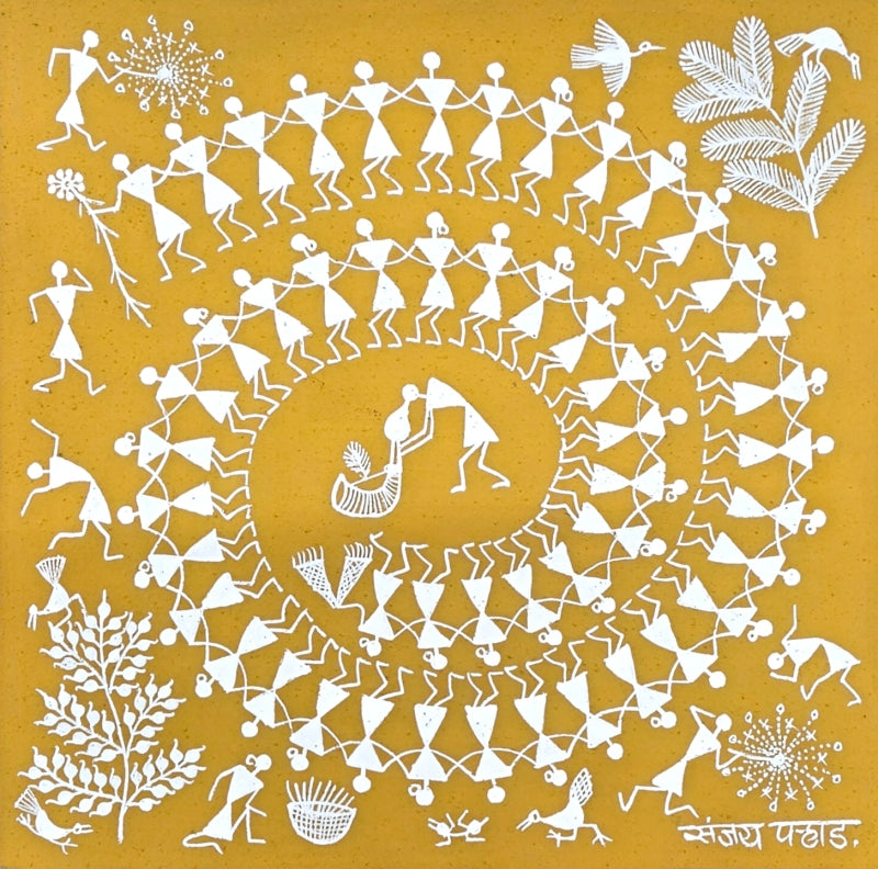 Warli Art 64' figurative warli Traditional Art by artist Sanjay Parhad, 8x8 inch, on cloth