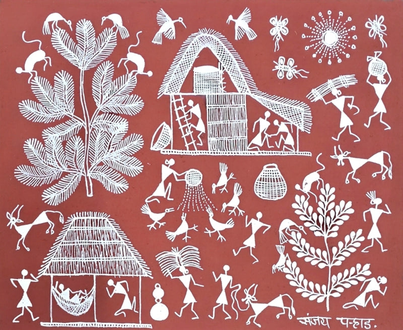 Warli Art 65' figurative warli Traditional Art by artist Sanjay Parhad, 8x10 inch, on cloth