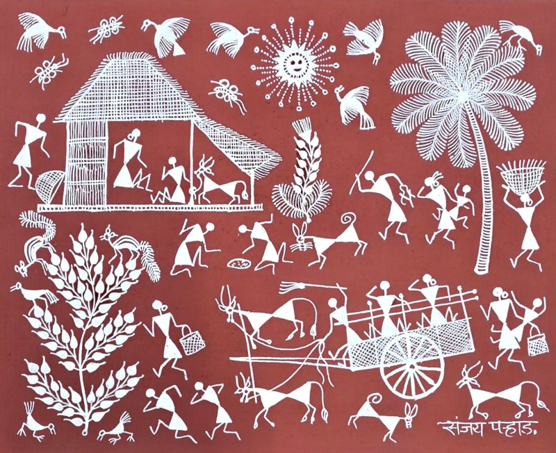 Warli Art 66' figurative warli Traditional Art by artist Sanjay Parhad, 8x10 inch, on cloth