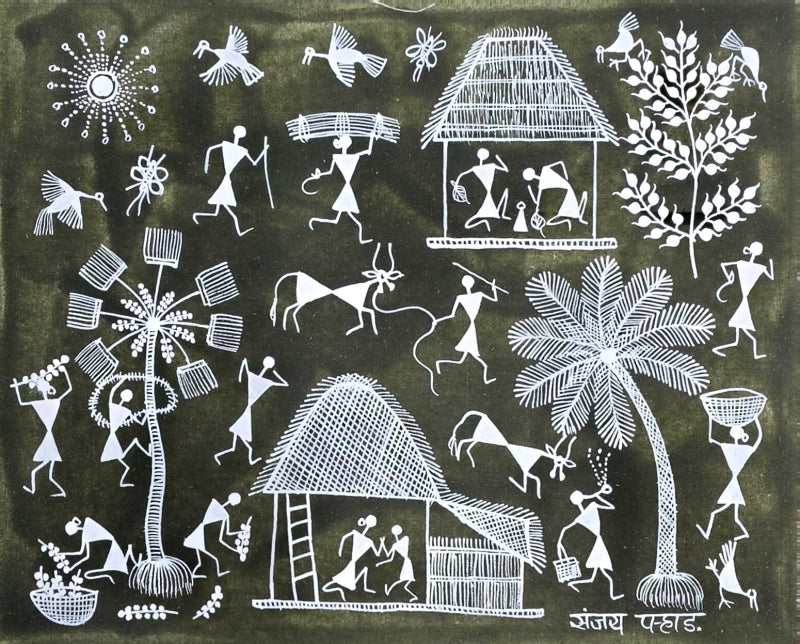 Warli Art 67' figurative warli Traditional Art by artist Sanjay Parhad, 8x10 inch, on cloth
