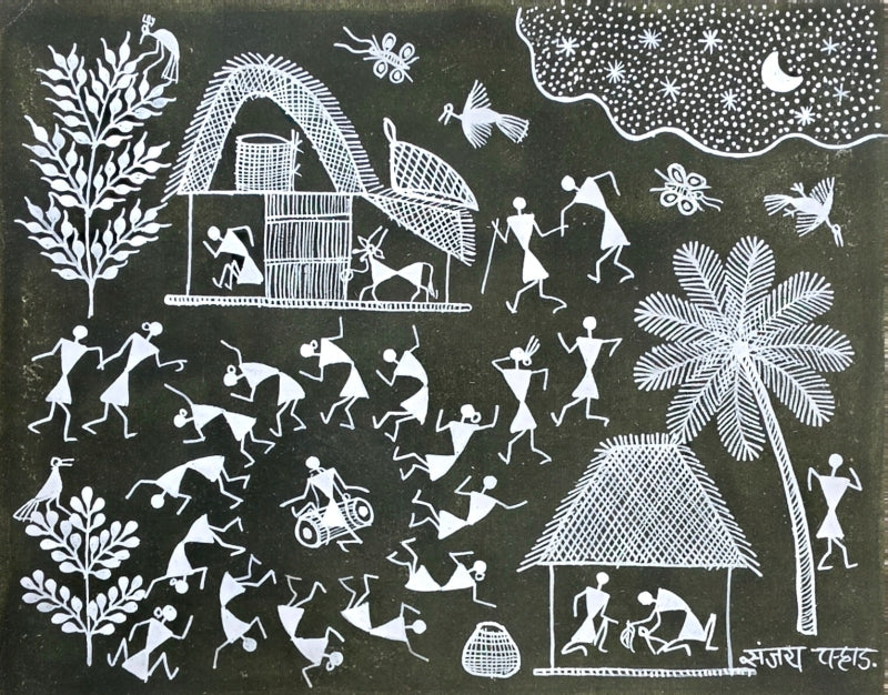Warli Art 68' figurative warli Traditional Art by artist Sanjay Parhad, 8x10 inch, on cloth
