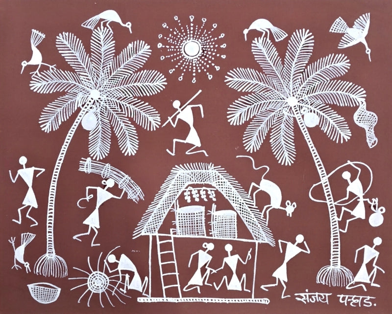 Warli Art 69' figurative warli Traditional Art by artist Sanjay Parhad, 8x10 inch, on cloth