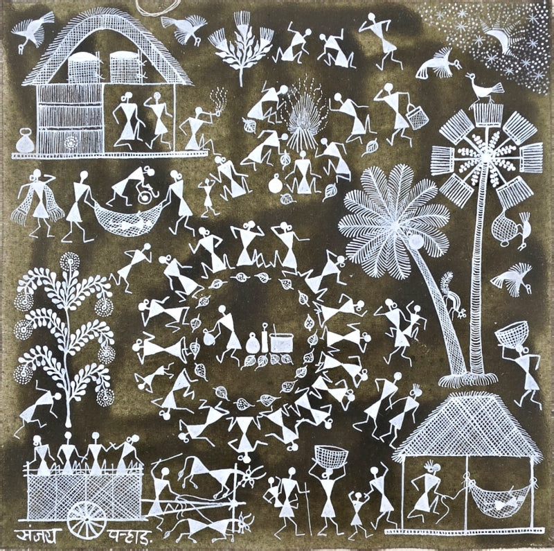 Warli Art 70' figurative warli Traditional Art by artist Sanjay Parhad, 10x10 inch, on cloth