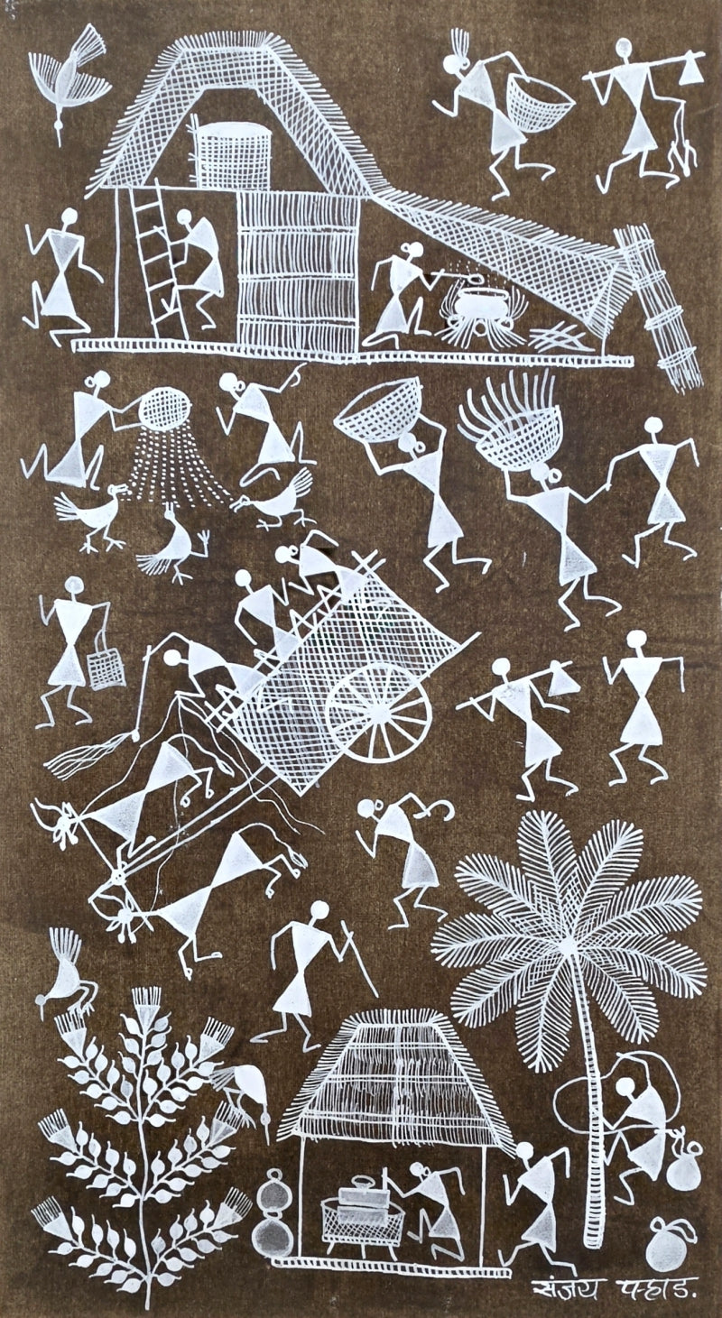 Warli Art 70' figurative warli Traditional Art by artist Sanjay Parhad, 20x11 inch, on cloth