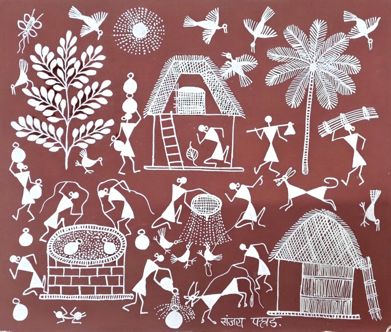 Warli Art 71' figurative warli Traditional Art by artist Sanjay Parhad, 10x12 inch, on cloth