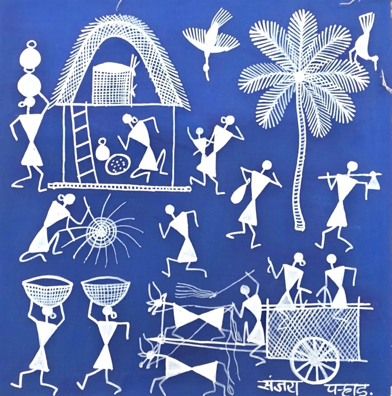 Warli Art 71' figurative warli Traditional Art by artist Sanjay Parhad, 9x9 inch, on cloth
