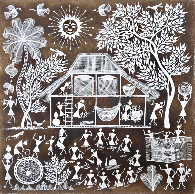 Warli Art 72' figurative warli Traditional Art by artist Sanjay Parhad, 12x12 inch, on cloth