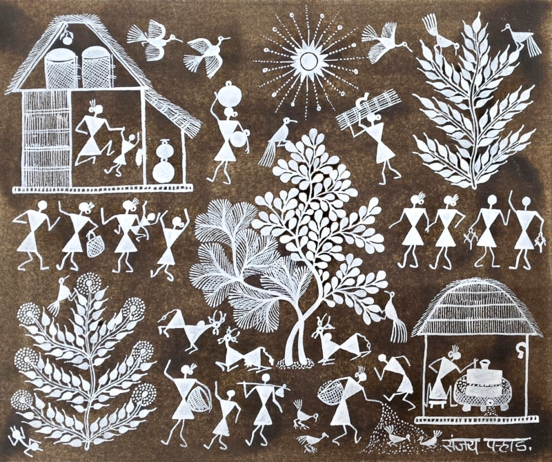 Warli Art 72' figurative warli Traditional Art by artist Sanjay Parhad, 10x12 inch, on cloth