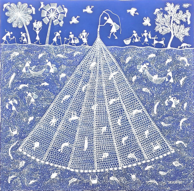 Warli Art 73' figurative warli Traditional Art by artist Sanjay Parhad, 17x17 inch, on cloth