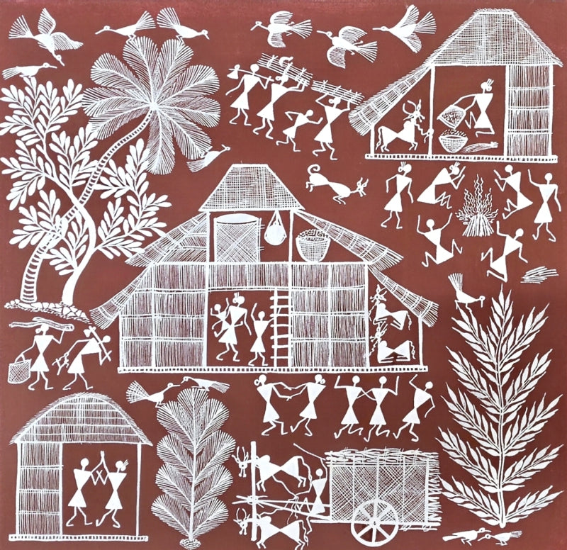 Warli Art 73' figurative warli Traditional Art by artist Sanjay Parhad, 12x12 inch, on cloth