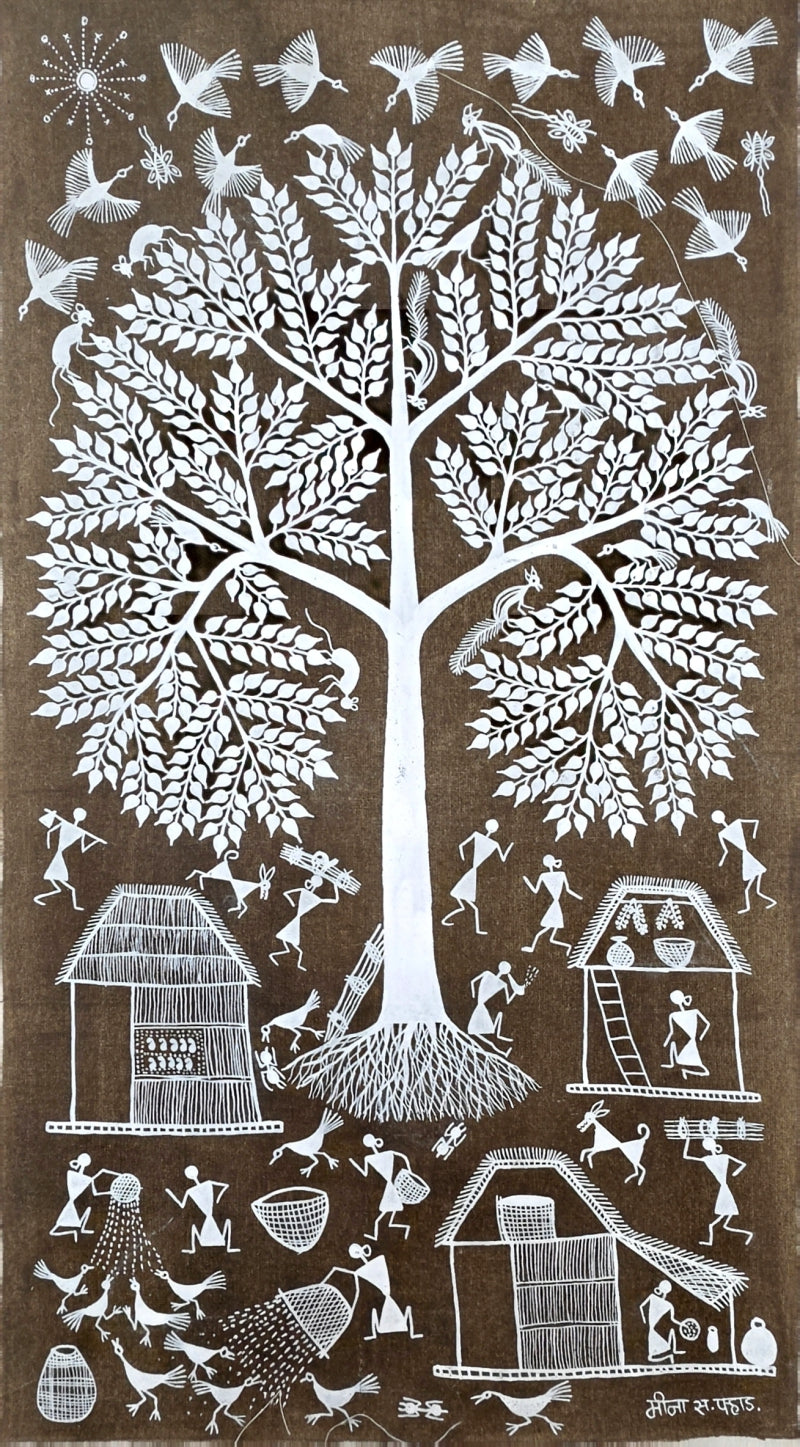 Warli Art 74' figurative warli Traditional Art by artist Sanjay Parhad, 20x11 inch, on cloth