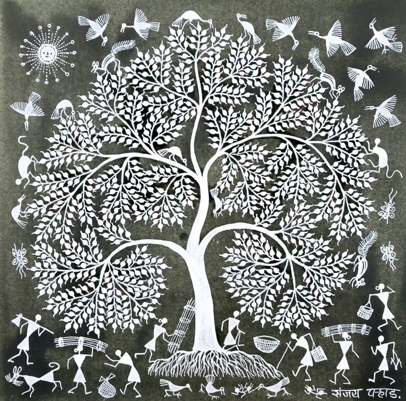 Warli Art 74' figurative warli Traditional Art by artist Sanjay Parhad, 10x10 inch, on cloth