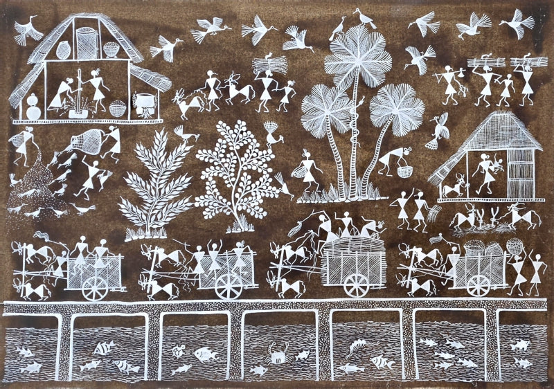 Warli Art 75' figurative warli Traditional Art by artist Sanjay Parhad, 15x20 inch, on cloth